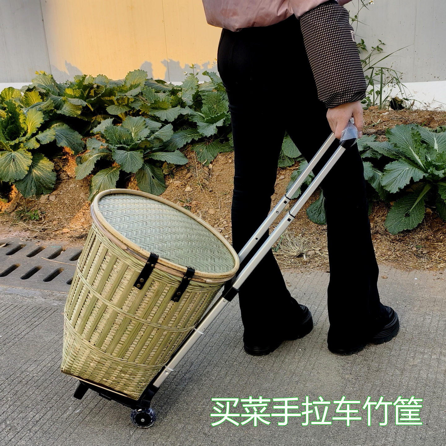 手工竹编拉杆车便携购物车买菜篮子带盖老人手推车超市买菜家用