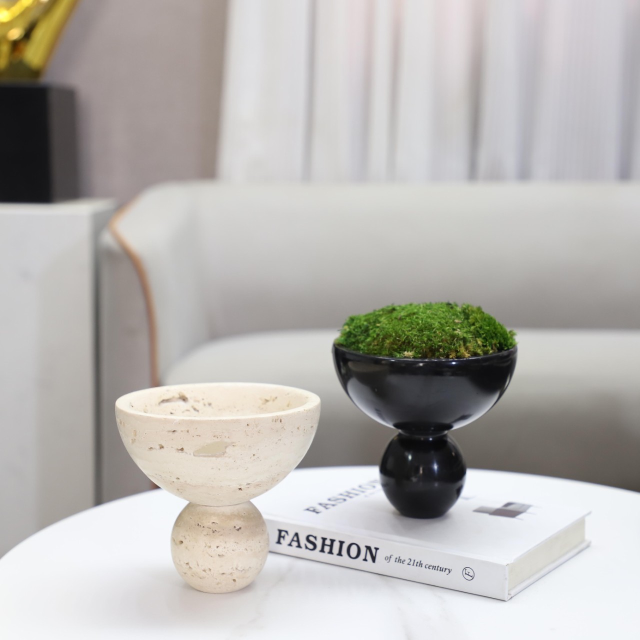 现代简约侘寂风天然大理石洞石永生苔藓盆景花盆客厅玄关家居饰品