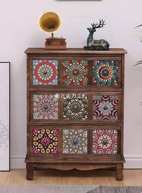 美式实木储物柜KMK复古客斗柜彩绘屉抽式收纳柜阳简台多层置物柜