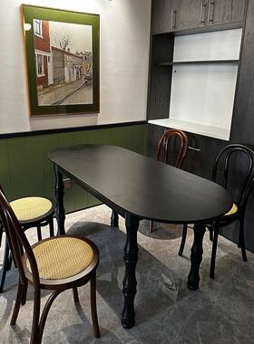 0J法式复小古轻奢实木岛台餐墙桌家CPS用户型黑色形半圆弧椭圆靠