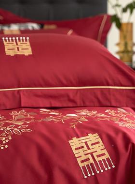 中纯结四件套绣棉花款婚庆新式全棉红色婚嫁984床上用婚品六件套
