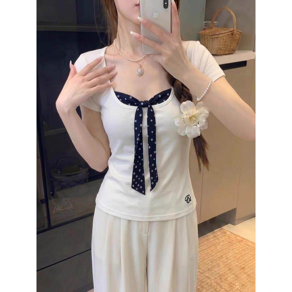 卓泽网批40支棉11奥代尔220克白色蝴蝶结波点假两件短袖T恤女