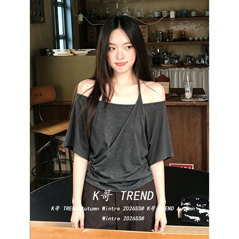 MR彩棉拉架灰色假两件一字肩挂脖短袖女夏捏褶收腰蝙蝠袖上衣