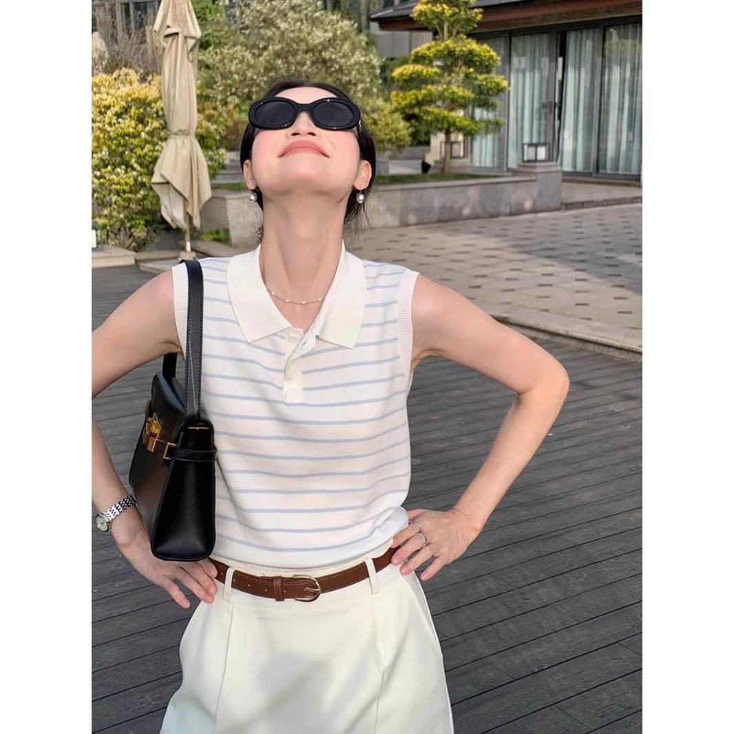 老钱风条纹polo衫冰丝针织无袖t恤女夏季设计感翻领背心短款上衣