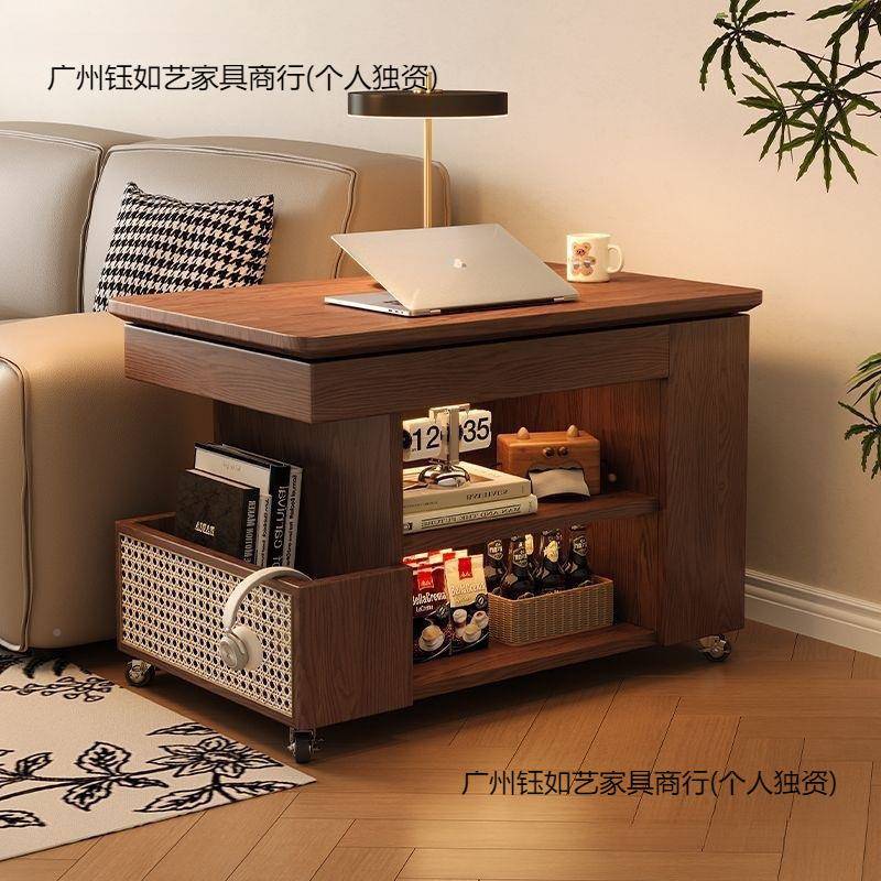 中古风移动边实几柜木升降旋无品牌/转茶桌沙发边几带轮小几推车