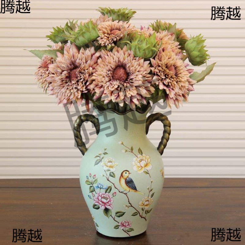 美式餐桌装饰花瓶 欧式复古玄关家居摆设工艺品 陶瓷双耳大花瓶
