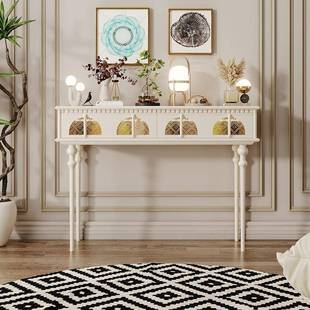 法式油风玄关台现代简应约实木长客奶厅玻条81璃感灯轻奢欧式玄关