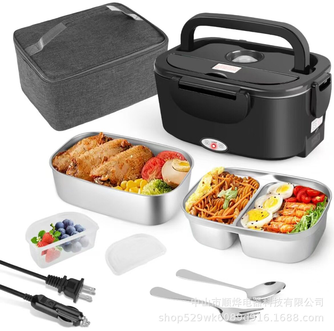 跨境1.5L电热饭盒便携式家车两用加热免注水热饭保温饭盒便当饭盒