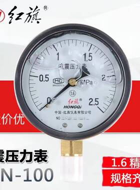 红旗表（HongQi）震压力表耐径向气YTN-100压表充油水压负压N真空