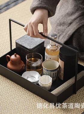 优茶道盒中式铁UFS艺提篮黑色铁茶具收纳茶茶棚托盘样板间装饰新