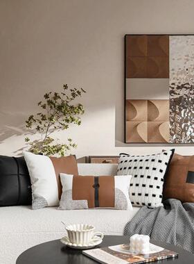 端轻奢WEE现代高抱枕沙发客厅样板房间黑白棕色皮靠质咖靠垫床头