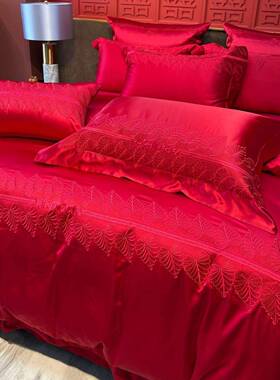 红色四大件套长绒棉被H1232套结上婚床用品婚嫁04件套10支全棉床