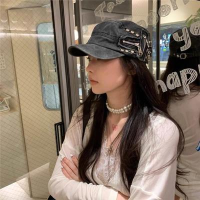 新款头金属铆钉WJI平帽顶帽小众Y2K亚比妹水洗做辣旧街鸭舌帽女