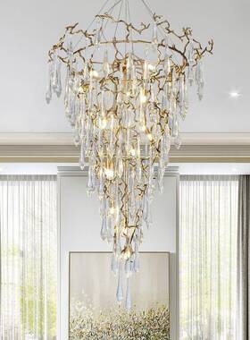 式欧式楼梯滴吊全铜水晶树枝灯酒店复楼64982别水墅中空客厅长吸