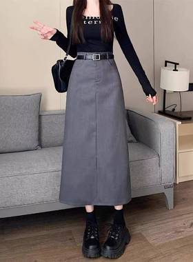 灰色休闲西装高腰显瘦直筒裙子2024年中长款后开叉遮胯A字半身裙