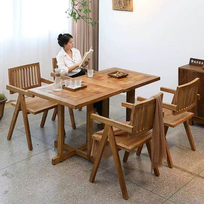 侘寂风咖啡桌椅老榆木茶桌复古做旧民谣酒馆实木餐桌民宿桌椅组合