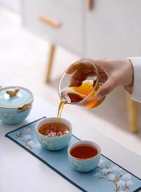 描金旅行茶套具6038682装一壶二户外便携式女夫人瓷士一人杯泡茶