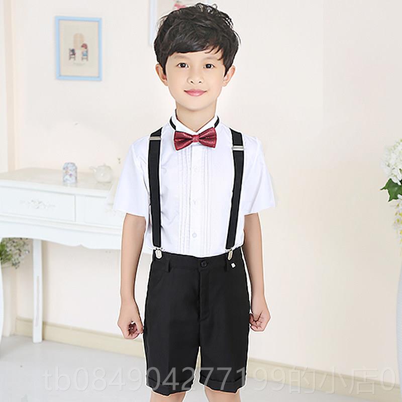 高档童短袖衬衫套纯黑色西装短白裤装夏季儿童男装衬衣礼服表演出图片