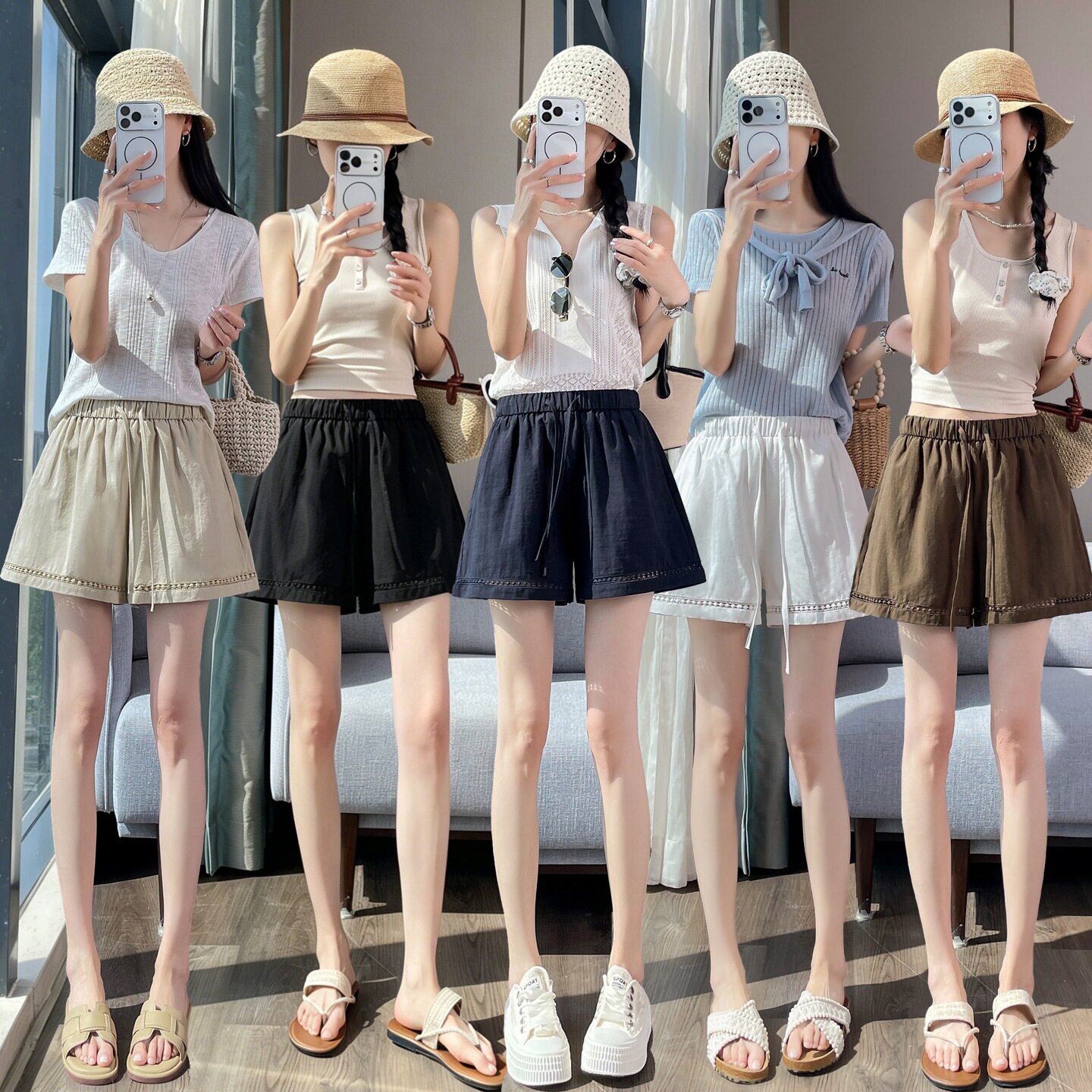 实拍 蕾丝镂空拼接冰丝亚麻短裤女夏季高腰a字棉麻阔腿外穿三分裤