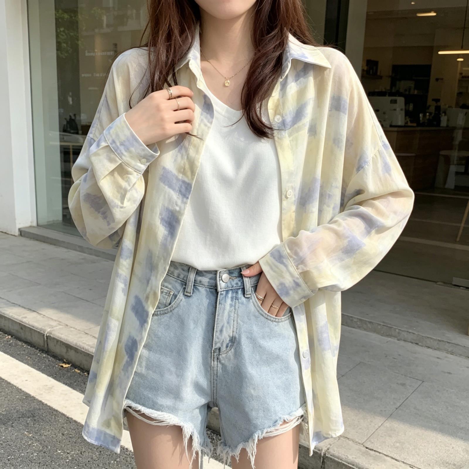 大码胖妹妹扎染衬衫女夏