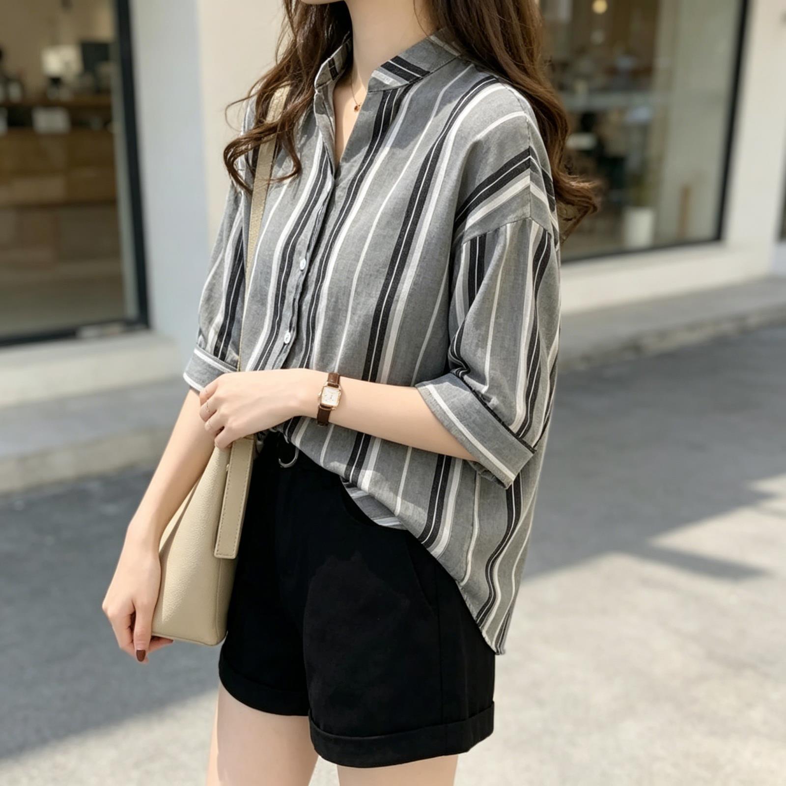 韩版宽松胖mm大码条纹衬