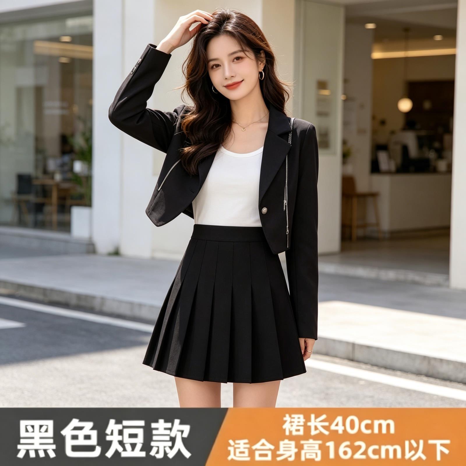 黑色百褶裙带口袋夏小个