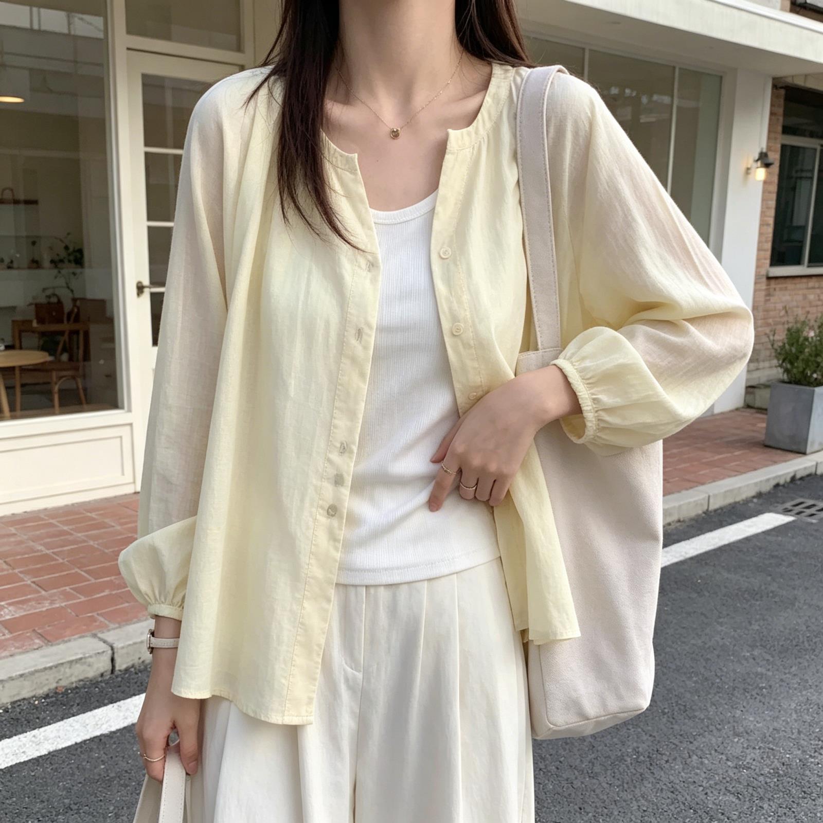 黄色亚麻防晒衬衫女夏季