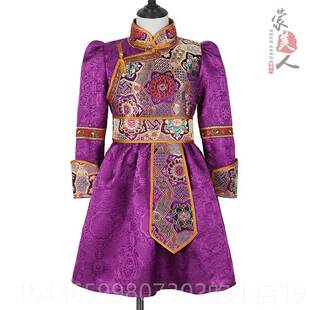 正品女蒙袍儿童舞连衣公主裙古红台色高端服蒙古族童装演出服饰长