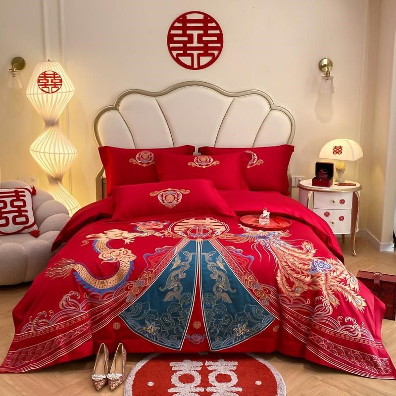 高端龙凤刺绣结婚四件套纯棉全棉2024新款大红色床单被套婚庆床品