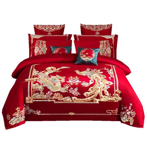 结婚全棉长绒棉四件套纯棉龙凤刺绣婚庆陪嫁新婚房用品送大红被芯