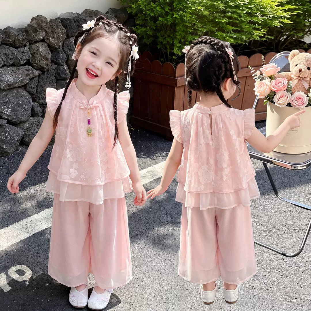 汉服女童夏季新中式套装儿童无袖国风上衣女宝宝阔腿裤薄款两件套图片