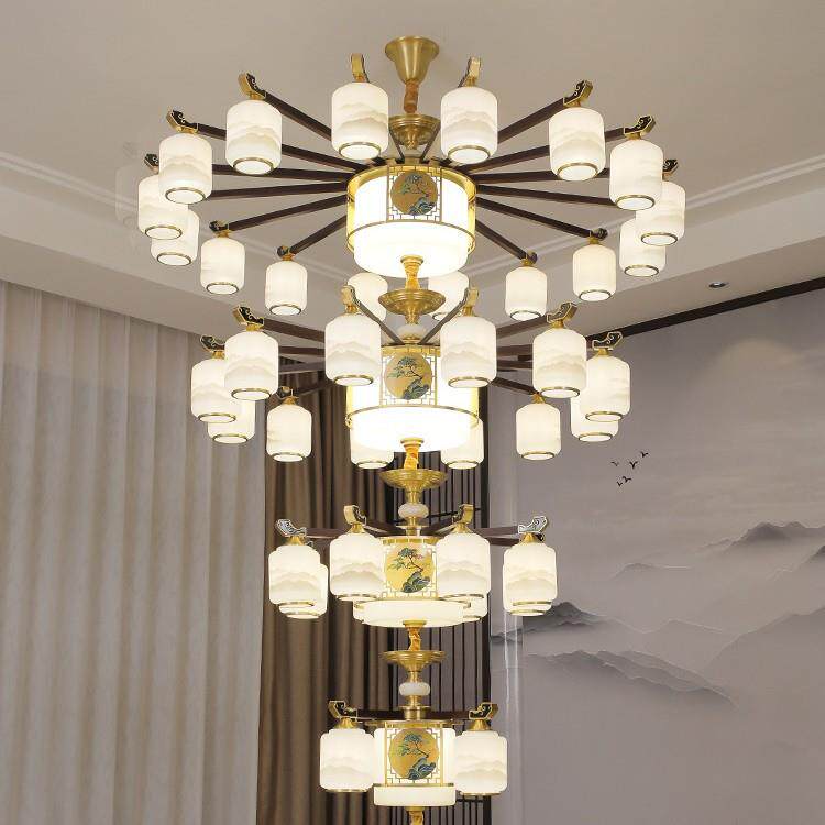 新中式复式楼大吊灯别墅客厅中空挑高挑空大厅楼梯实木楼中楼吊灯