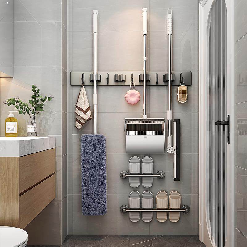 5YA1枪灰拖把壁挂夹不锈钢挂钩免打孔卫生间收纳多功能扫把固