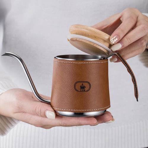 250ml不锈钢色有柄挂耳咖啡手冲咖啡细嘴壶迷你控水壶皮套带刻度