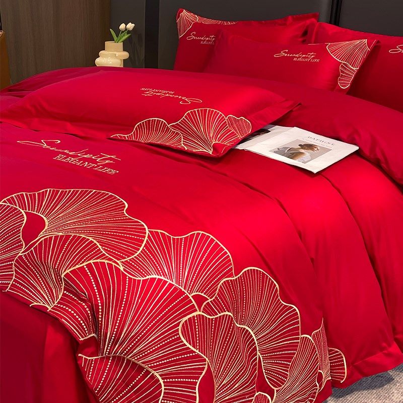 轻奢高级感纯棉四件套结婚红色全棉被套喜庆新婚婚庆陪嫁床上用品