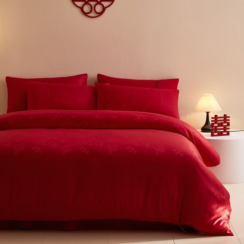 100S长绒棉结婚四件套红色竹子提花纯棉被套床单全棉被囍床上用品