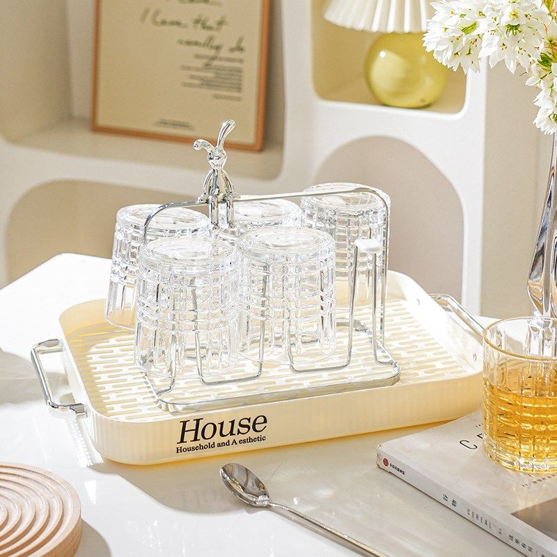 舍里刻花玻璃杯套装家用待客杯喝水透明杯子套装带杯架杯托沥水盘,餐饮具,玻璃杯,淘宝优惠券,粉丝福利购,淘宝优惠卷