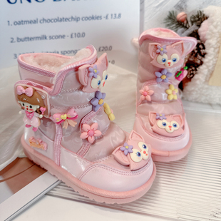 儿童粉色雪地靴女童鞋2023冬季防水防滑女孩雪地棉加绒保暖大棉鞋