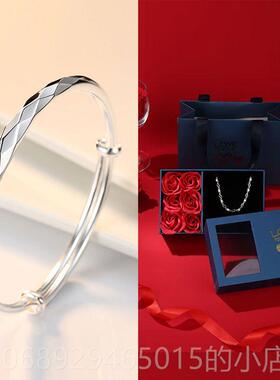 正品正品999纯银9镯子女实心水立方手推拉饰品七夕情人节送女友银