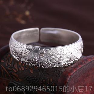 正品订宽银手镯老式尚熟真9做99纯银手工定制年轻女士宽版面款时