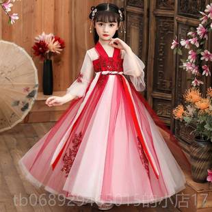 204新古风国风夏季 正品 装 秋汉服女童秋冬款 古筝演出 儿童2红色古装