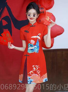 正品国潮旗袍街年轻款炸红色印花中国风连衣裙出会车展演宴会表展