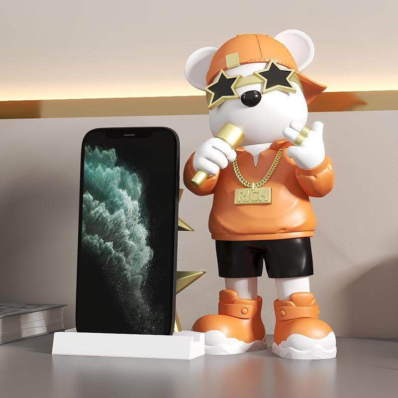 创意卡通暴力熊唱歌手机支架桌面摆件客厅电视柜办公室新房装饰品