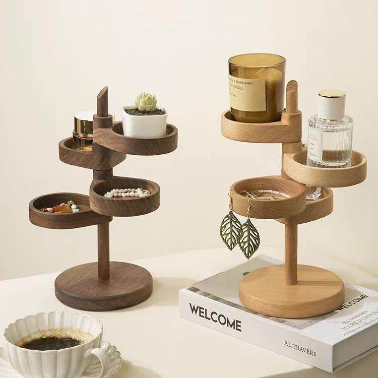 木质多层可旋转置物架入户玄关钥匙收纳架创意实木桌面饰品储物盒