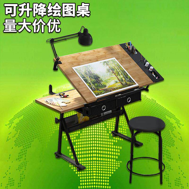 手摇升降绘图桌美术教室书桌工程制图设计师工作台画室实木绘画桌图片