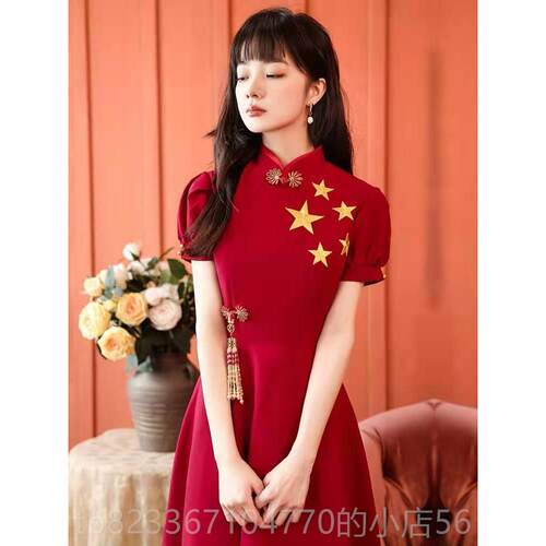 高档女款中风演出服红朗歌大合唱团诵旗主袍开场舞持国人长礼服连