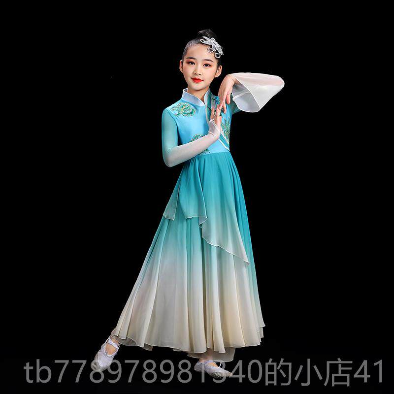 高档儿童季新表中式古典舞扇子演服装优夏表演服装女生蓝色古典雅