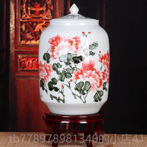 高档景德镇陶罐瓷器手米缸米桶绘带盖5店0斤装面缸储物家居酒餐厅