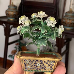创汇时期纯手工金地景泰蓝银蓝小花盆景老物件案头摆件收藏文玩