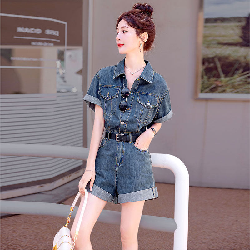 工装牛仔连体短裤套装女高级感夏季薄款2025年新款高腰显瘦小个子